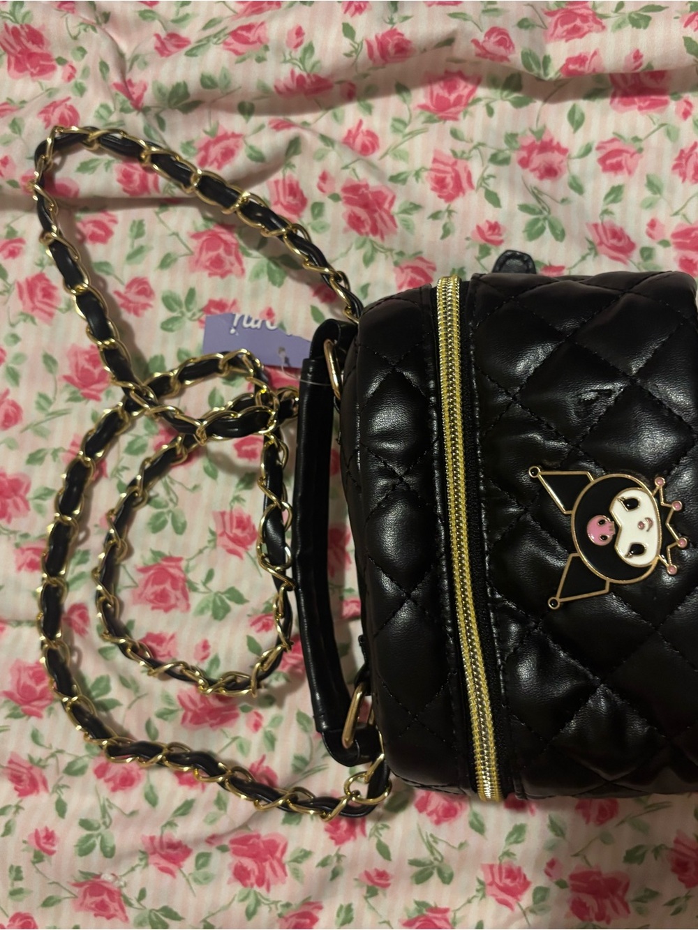 Hello Kitty Black Quilted Crossbody Bag with Gold Chain